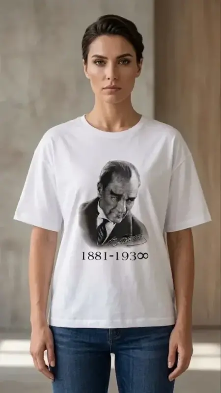 Atatürk bosilgan futbolka qisqa yengli yumaloq yoqa T-shirt - Oq - 3
