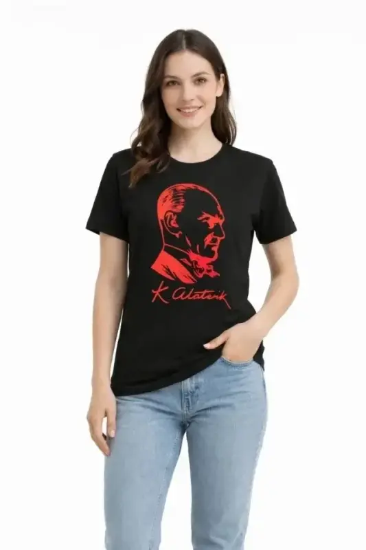 Atatürk bosilgan futbolka qisqa yengli yumaloq yoqa T-shirt - qora - 3
