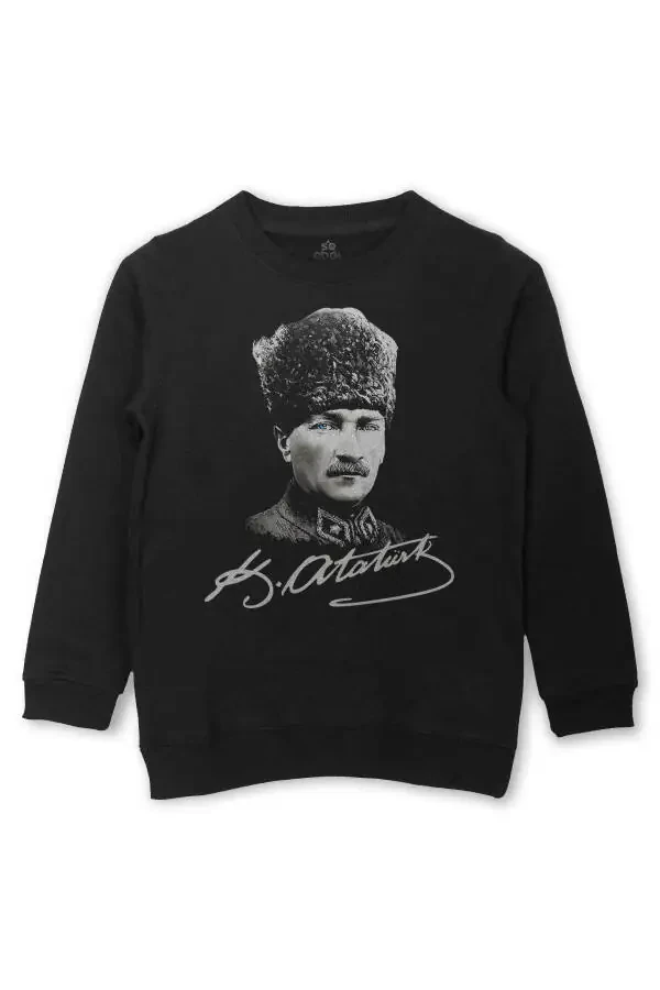 Atatürk Gazi Mustafa Kemal Kalpakli Bosmali Bolalar Sviteri Qora Sviter - 1