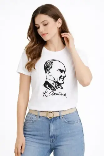 Atatürk Printed Short Sleeve Crew Neck T-Shirt - White - 3