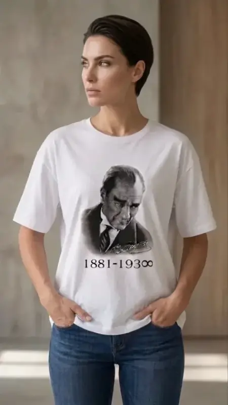 Atatürk Printed T-Shirt Short Sleeve Crew Neck T-Shirt - White - BÜYÜKBEDENIZ