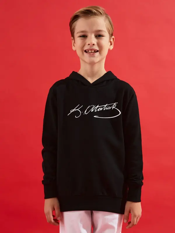 Atatürk Signature Printed Boy's Sweatshirt-Black - 2