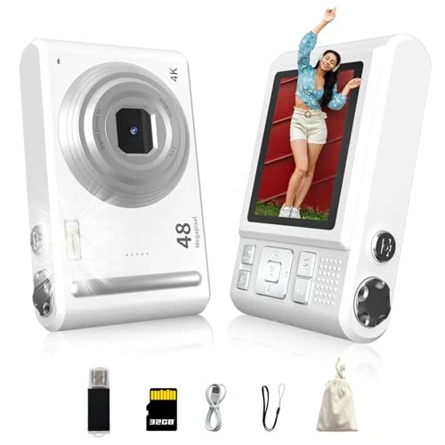 ATEYA Digital Camera with Rotating Menu Quick Setting, 4K Digital Camera with Wrist Strap, Digital Video Camera, Small Compact Vlogging Camera for Content Creator Beginners Adults (White) 