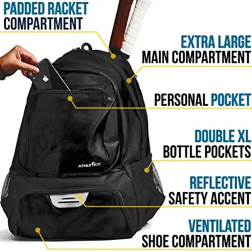 Athletico Premier Tennis Backpack - Tennis Bag Holds 2 Rackets in Padded Compartment | Separate Ventilated Shoe Compartment | Tennis Bags for Men or Women - 4