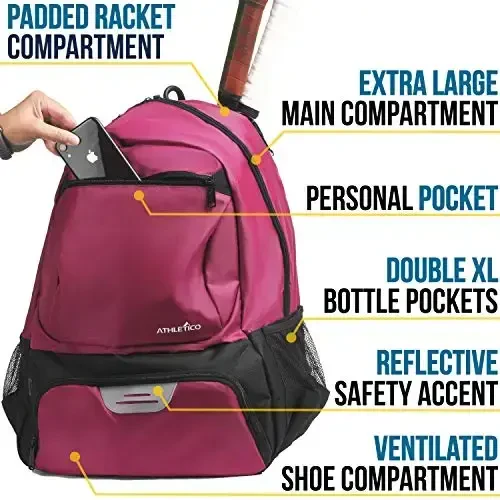 Athletico Premier Tennis Backpack - Tennis Bag Holds 2 Rackets in Padded Compartment | Separate Ventilated Shoe Compartment | Tennis Bags for Men or Women - 4