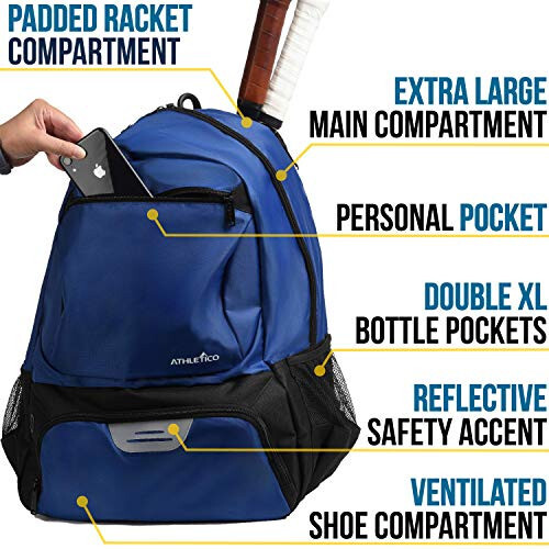 Athletico Premier Tennis Backpack - Tennis Bag Holds 2 Rackets in Padded Compartment | Separate Ventilated Shoe Compartment | Tennis Bags for Men or Women - 4