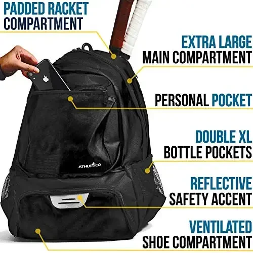 Athletico Premier Tennis Backpack - Tennis Bag Holds 2 Rackets in Padded Compartment | Separate Ventilated Shoe Compartment | Tennis Bags for Men or Women - 4