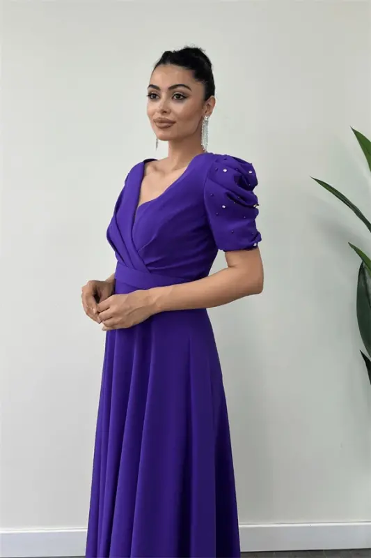 Atlas Fabric Balloon Sleeve Pearl Detailed Midi Dress - PURPLE - 3