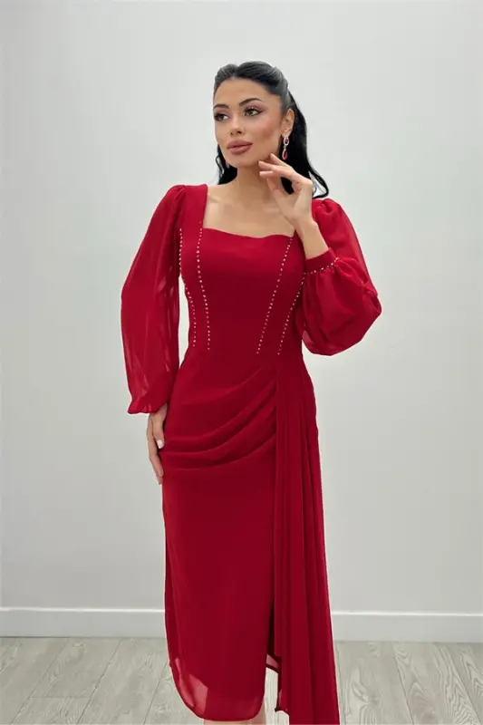 Atlas Fabric Bead Detailed Chiffon Sleeve Pencil Dress - RED - BÜYÜKBEDENIZ