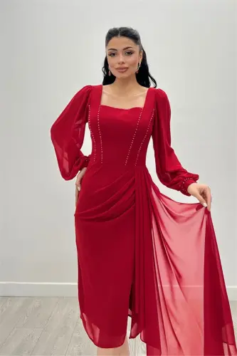 Atlas Fabric Bead Detailed Chiffon Sleeve Pencil Dress - RED - BÜYÜKBEDENIZ (1)