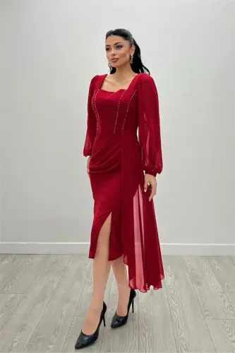 Atlas Fabric Bead Detailed Chiffon Sleeve Pencil Dress - RED - 3