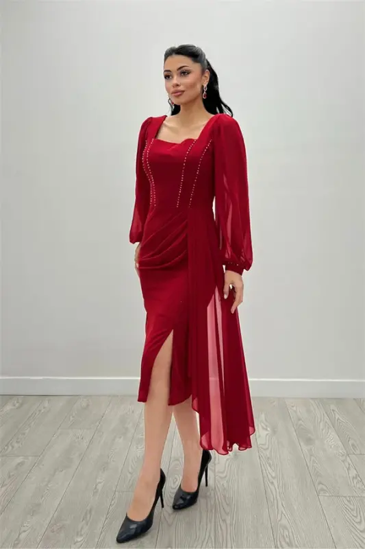 Atlas Fabric Bead Detailed Chiffon Sleeve Pencil Dress - RED - 3