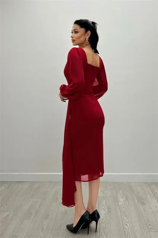 Atlas Fabric Bead Detailed Chiffon Sleeve Pencil Dress - RED - 5