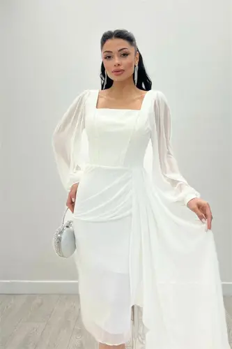 Atlas Fabric Bead Detailed Chiffon Sleeve Pencil Dress - WHITE - BÜYÜKBEDENIZ (1)