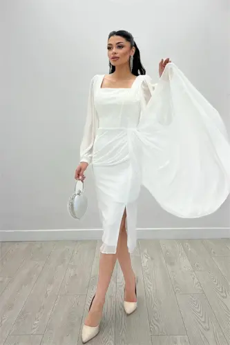 Atlas Fabric Bead Detailed Chiffon Sleeve Pencil Dress - WHITE - 3