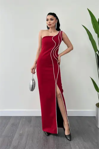 Atlas Fabric Beaded Belt Detailed Evening Dress - RED - 1