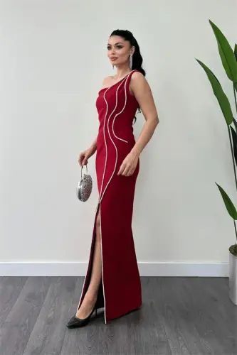 Atlas Fabric Beaded Belt Detailed Evening Dress - RED - 2