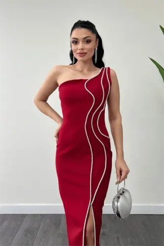 Atlas Fabric Beaded Belt Detailed Evening Dress - RED - 3