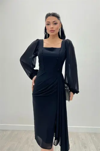 Atlas Fabric Beaded Detail Chiffon Sleeve Pencil Dress - BLACK - BÜYÜKBEDENIZ (1)