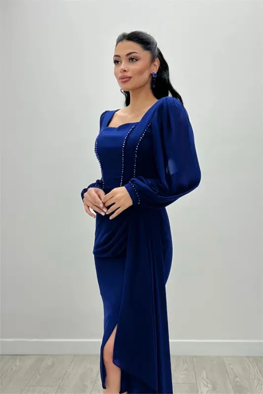 Atlas Fabric Beaded Detail Chiffon Sleeve Pencil Dress - SAPPHIRE BLUE - 2