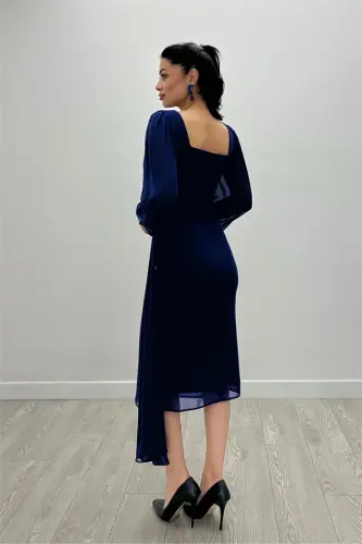 Atlas Fabric Beaded Detail Chiffon Sleeve Pencil Dress - SAPPHIRE BLUE - 4
