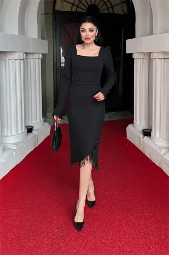 Atlas Fabric Beaded Detailed Pencil Dress - BLACK - BÜYÜKBEDENIZ (1)