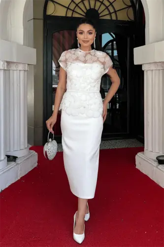 Atlas Fabric Beaded Detailed Pencil Dress - WHITE - 1