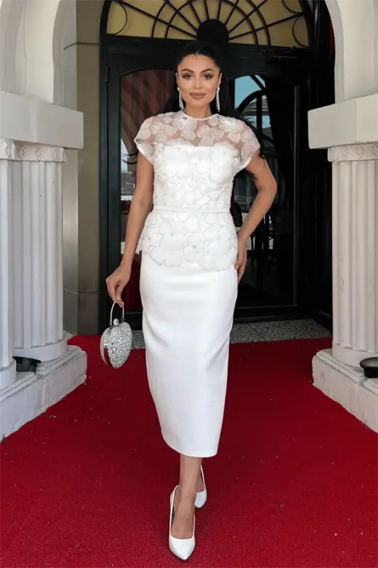 Atlas Fabric Beaded Detailed Pencil Dress - WHITE - BÜYÜKBEDENIZ