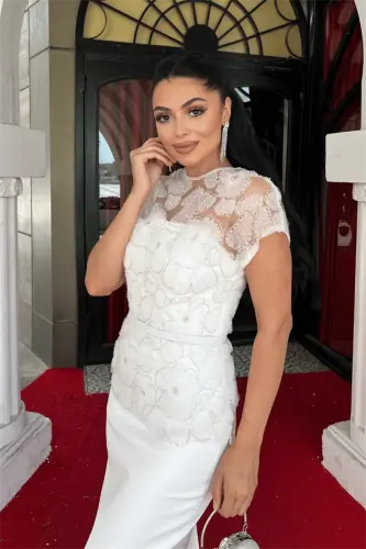 Atlas Fabric Beaded Detailed Pencil Dress - WHITE - 4