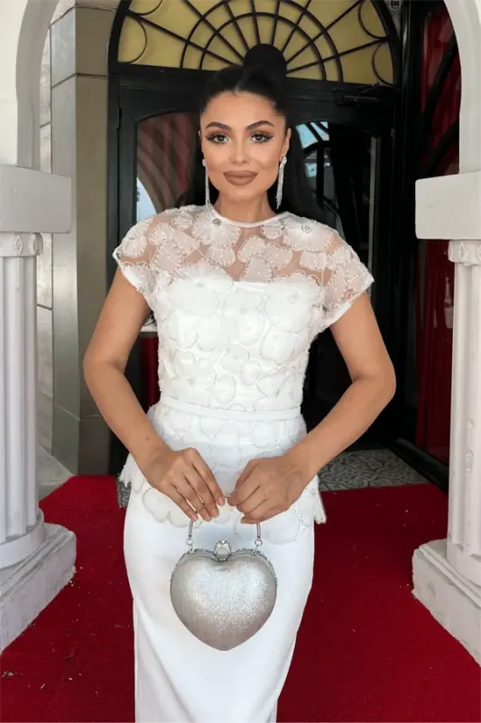 Atlas Fabric Beaded Detailed Pencil Dress - WHITE - 5