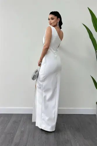 Atlas Fabric Beaded Ribbon Detailed Evening Dress - WHITE - 5
