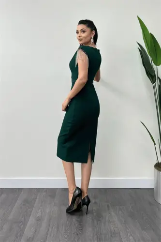 Atlas Fabric Beaded Shoulder Tasseled Dress - GREEN - 5