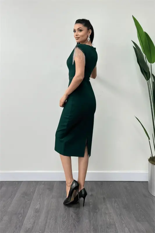 Atlas Fabric Beaded Shoulder Tasseled Dress - GREEN - 5