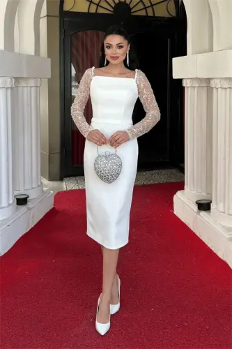 Atlas Fabric Beaded Sleeve Pencil Dress - WHITE - 1