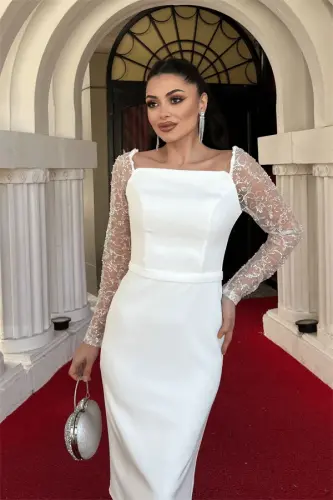 Atlas Fabric Beaded Sleeve Pencil Dress - WHITE - 4