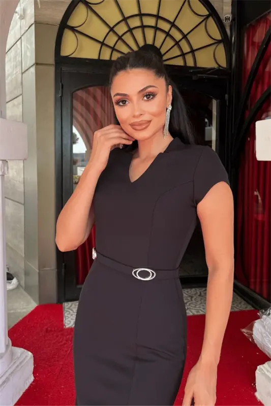 Atlas Fabric Belt Detailed Pencil Dress - BLACK - 3