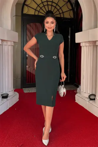 Atlas Fabric Belt Detailed Pencil Dress - EMERALD GREEN - 1