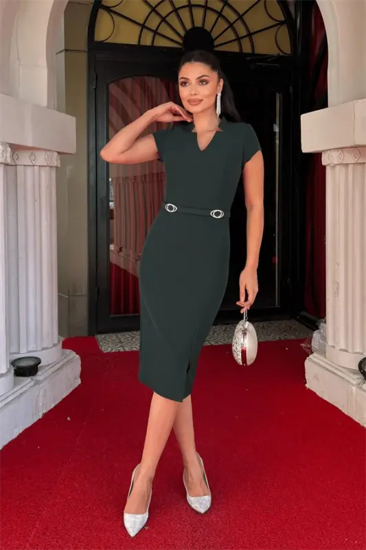 Atlas Fabric Belt Detailed Pencil Dress - EMERALD GREEN - 2