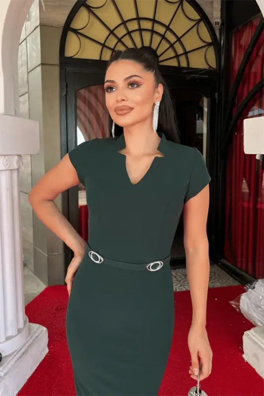 Atlas Fabric Belt Detailed Pencil Dress - EMERALD GREEN - 3