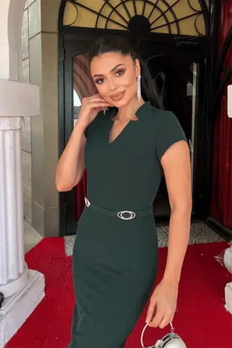 Atlas Fabric Belt Detailed Pencil Dress - EMERALD GREEN - 4