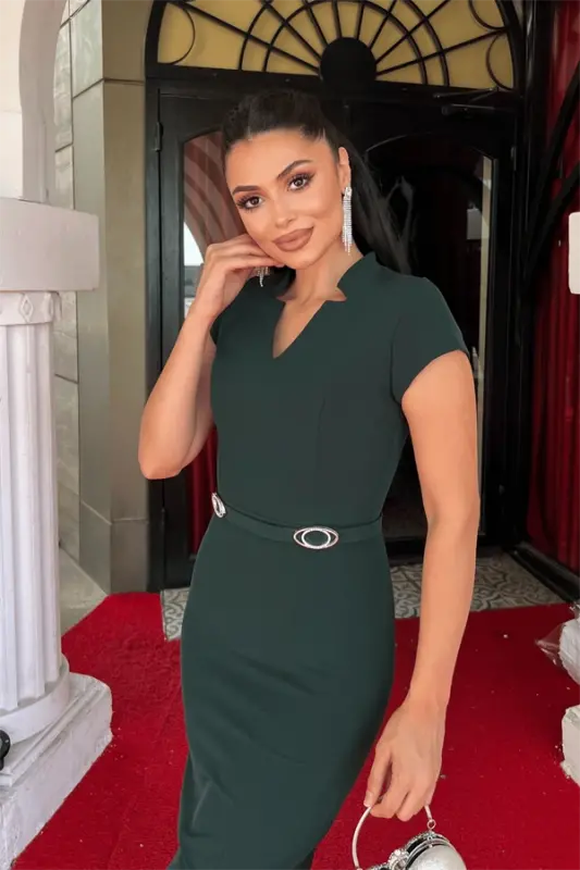 Atlas Fabric Belt Detailed Pencil Dress - EMERALD GREEN - 4