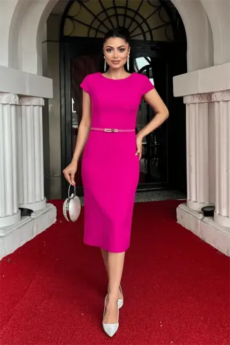 Atlas Fabric Belt Detailed Pencil Dress - FUCHSIA - 1