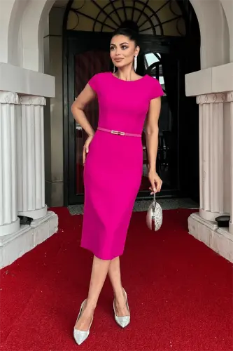 Atlas Fabric Belt Detailed Pencil Dress - FUCHSIA - BÜYÜKBEDENIZ (1)