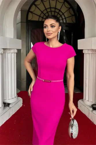 Atlas Fabric Belt Detailed Pencil Dress - FUCHSIA - 3