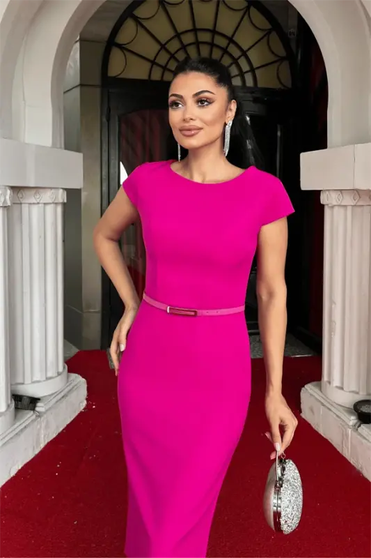 Atlas Fabric Belt Detailed Pencil Dress - FUCHSIA - 3