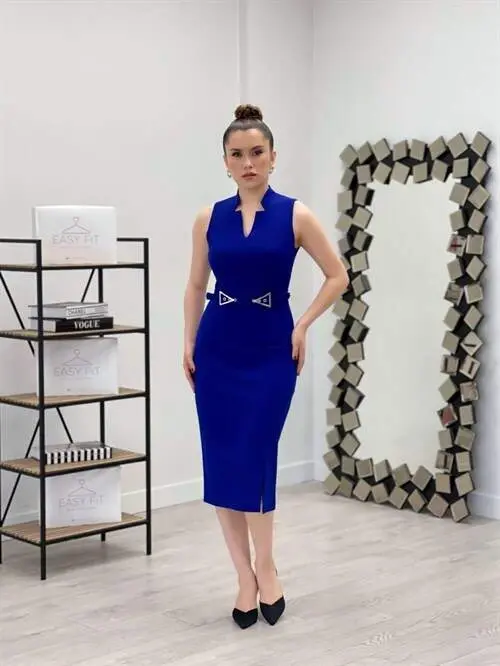 Atlas Fabric Belt Detailed Pencil Dress - NAVY BLUE - 1