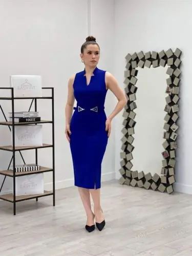 Atlas Fabric Belt Detailed Pencil Dress - NAVY BLUE - 2