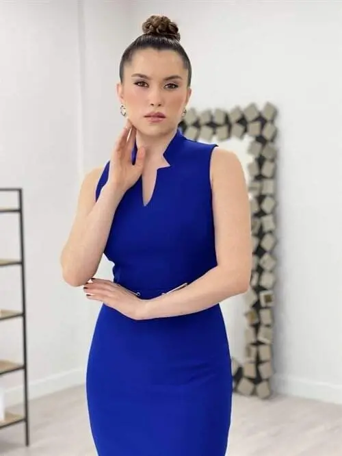 Atlas Fabric Belt Detailed Pencil Dress - NAVY BLUE - 3