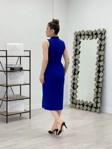 Atlas Fabric Belt Detailed Pencil Dress - NAVY BLUE - 5