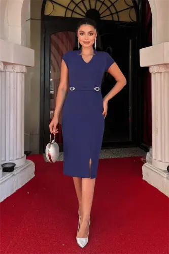 Atlas Fabric Belt Detailed Pencil Dress - NAVY BLUE - BÜYÜKBEDENIZ (1)